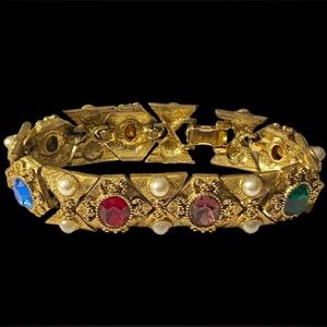 Vintage Gold Metal Multicolor Cabochon Gem Rhinestone (?) Faceted Glass Bracelet